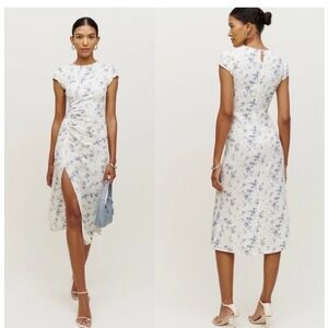 Reformation Frasier Madeline Floral Ruched Midi Dress Cream Blue Size 2